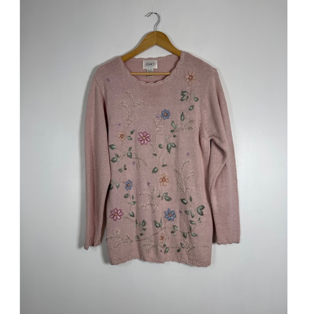 Cottagecore Jenny Women Small Sweater Pink Floral Embroidered Beaded Scalloped